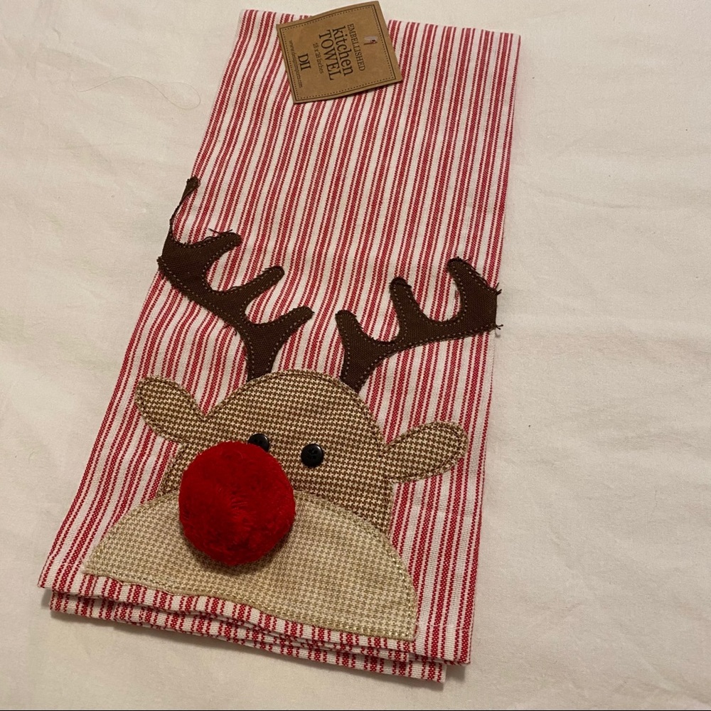 REINDEER EMBELLISHED POMPOM KITCHEN TOWEL